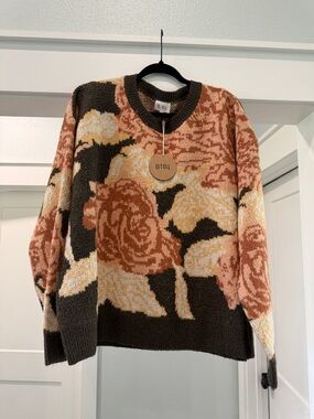 BiBi Floral Jacquard Crewneck Sweater in Rust, Cream & Dark Brown